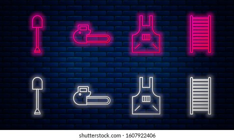 Set line Chainsaw, Kitchen apron, Shovel and Wooden staircase. Glowing neon icon on brick wall. Vector
