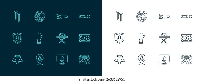 Set line Chainsaw, Location of the forest, Electric circular, Protective gloves, Hand, Metallic nails and Tree rings icon. Vector