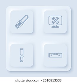 Set line Chainsaw, Location with wrench, Rasp metal file and Construction bubble level. White square button. Vector