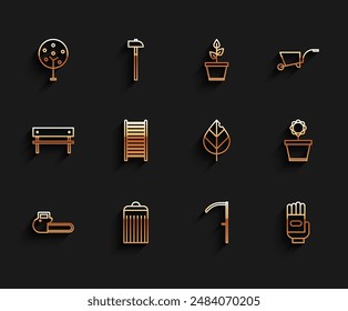 Set line Chainsaw, Trash can, Tree, Scythe, Garden gloves, Wooden staircase, Flower pot and Leaf icon. Vector