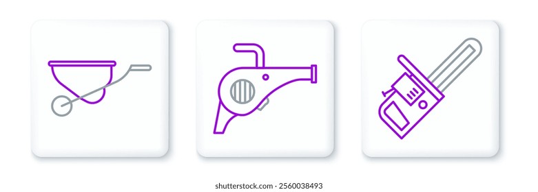 Set line Chainsaw, Wheelbarrow and Leaf garden blower icon. Vector