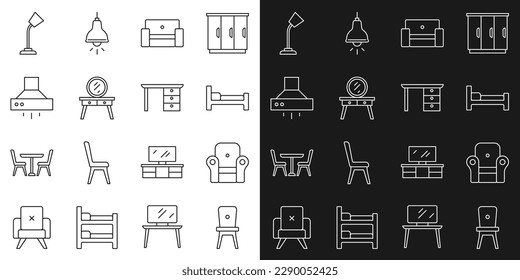 Set line Chair, Armchair, Bed, Dressing table, Kitchen extractor fan, Table lamp and Office desk icon. Vector