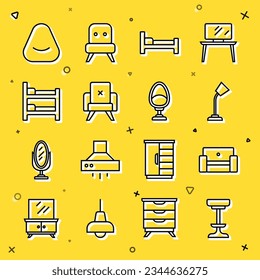 Set line Chair, Armchair, Table lamp, Bed, Bunk bed, Pouf and  icon. Vector