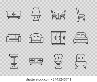 Set line Chair, Armchair, Table with, TV table stand, Furniture nightstand,  and Big bed icon. Vector