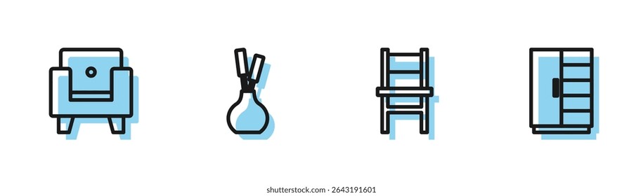 Set line Chair, Armchair, Vase and Wardrobe icon. Vector
