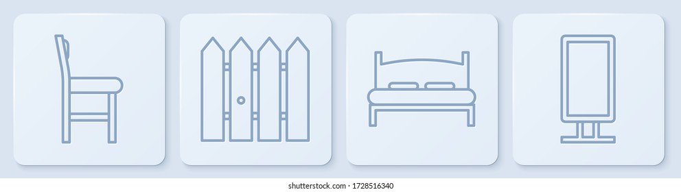 Set line Chair, Big bed, Garden fence wooden and Big full length mirror. White square button. Vector