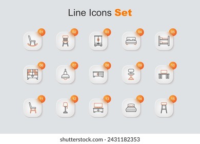 Set line Chair, Big bed, TV table stand, Floor lamp, Office desk, chair and  icon. Vector