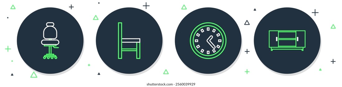 Set line Chair, Clock, Office chair and TV table stand icon. Vector