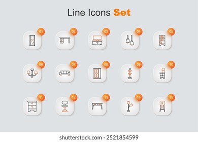 Set line Chair, Floor lamp, Office desk, chair, Furniture nightstand, with, Coat and Wardrobe icon. Vector