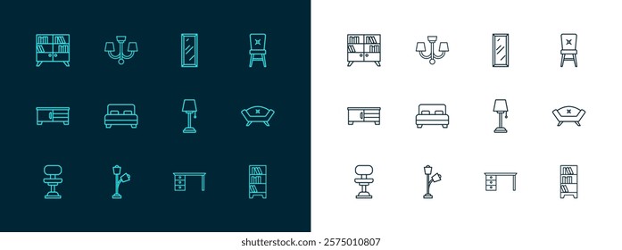 Set line Chair, Floor lamp, Office desk, Big bed, full length mirror, Library bookshelf and Chandelier icon. Vector