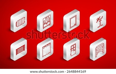 Set line Chair, Kitchen dishwasher machine, Picture, Coat stand, Closed door, Heating radiator, Curtains and Chest of drawers icon. Vector