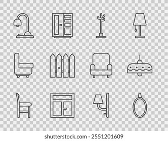 Set line Chair, Mirror, Coat stand, Window in the room, Table lamp, Garden fence wooden, Wall sconce and Chandelier icon. Vector