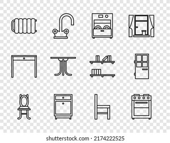 Stehstuhl, Backofen, Geschirrspülmaschine, Nachttisch, Heizung, Rundtisch und Türsymbol. Vektorgrafik