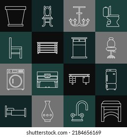 Set line Chair, Refrigerator, Office chair, Chandelier, Chest of drawers, Flower pot and Big bed icon. Vector