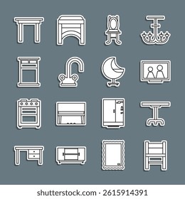 Set line Chair, Round table, Picture frame on, Water tap, Big bed, Wooden and Armchair icon. Vector