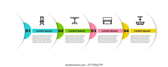 Set line Chair, Round table, Grand piano and Chandelier. Business infographic template. Vector