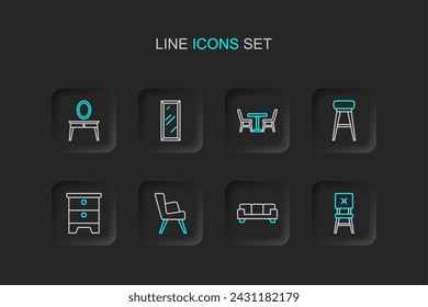 Set line Chair, Sofa, Armchair, Furniture nightstand, Table with, Big full length mirror and Dressing table icon. Vector
