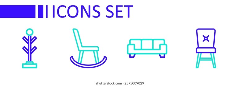 Set line Chair, Sofa, Armchair and Coat stand icon. Vector