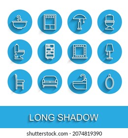 Set line Chair, Sofa, Washbasin with water tap, Mirror, Library bookshelf, Table lamp and Makeup mirror lights icon. Vector