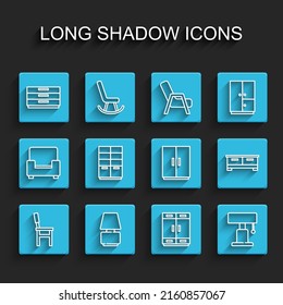 Set line Chair, Table lamp, Chest of drawers, Wardrobe,  and  icon. Vector