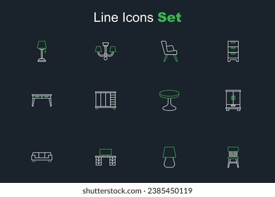 Set line Chair, Table lamp, Office desk, Sofa, Wardrobe, Round table,  and  icon. Vector