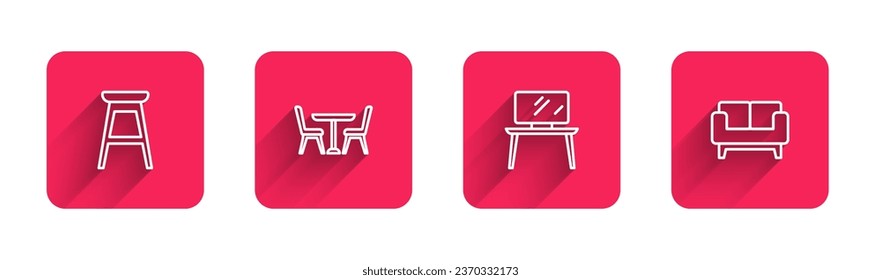 Set line Chair, Table with chair, TV table stand and Sofa with long shadow. Red square button. Vector