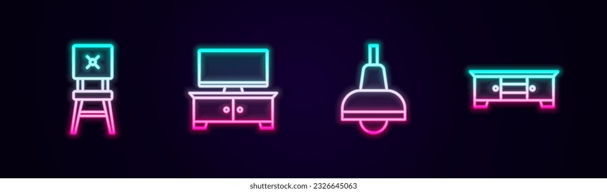Silla de línea, soporte de mesa de TV, colgador de lámparas y . Icono de neón brillante. Vector