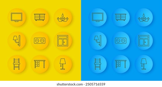 Set Linie Stuhl, Wandleuchte, Steckdose, Tischlampe, Fenster im Zimmer, Bilderrahmen Tisch, Kronleuchter und Kommode Symbol. Vektorgrafik