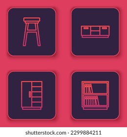 Set line Chair, Wardrobe, Furniture nightstand and Library bookshelf. Blue square button. Vector