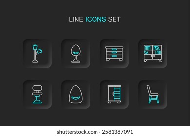 Set line Chair, Wardrobe, Pouf, Office chair, Library bookshelf, Chest of drawers, Armchair and Floor lamp icon. Vector