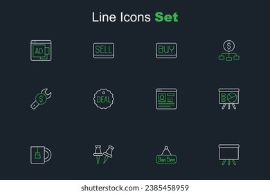 Set line Chalkboard, From 9 to 5 job, Push pin, Cup of tea, Board with graph, Resume, Deal and Repair price icon. Vector