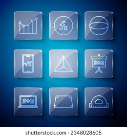 Set line Chalkboard, Acute trapezoid shape, Protractor, Geometric figure Sphere, Tetrahedron, Square root of x glyph, Graph, schedule, chart, diagram and  icon. Vector