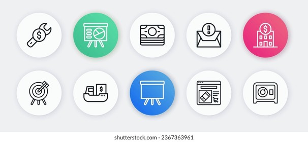 Set line Chalkboard, Bank building, Target financial goal, Online shopping on screen, Envelope, Stacks paper money cash, Safe and Cargo ship with boxes delivery icon. Vector