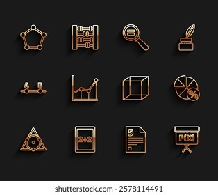 Set line Chalkboard, Calculation, Geometric figure Sphere, Infinity, Cube, Sigma symbol, Equation solution and Function mathematical icon. Vector