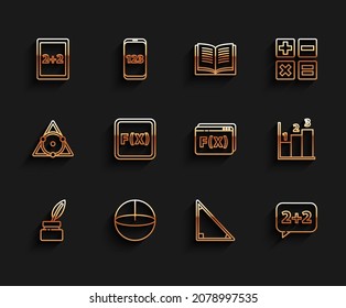 Set line Chalkboard, Calculator, Calculation, Calendar, Graph, schedule, chart, diagram, Equation solution,  and Geometric figure Pentagonal prism icon. Vector
