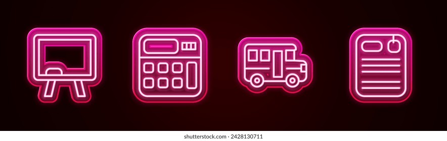 Set line Chalkboard, Calculator, School Bus and Dossier folder. Glowing neon icon. Vector