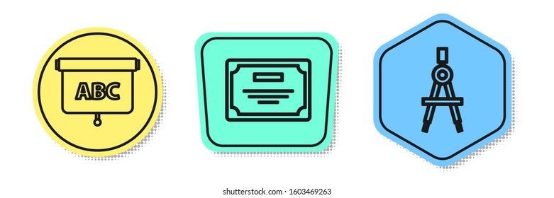 Set line Chalkboard, Certificate template and Drawing compass. Colored shapes. Vector