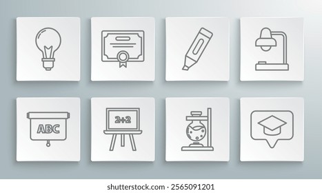 Set line Chalkboard, Certificate template, Glass test tube flask on fire, Graduation cap in speech bubble, Marker pen, Table lamp and Light bulb with concept of idea icon. Vector