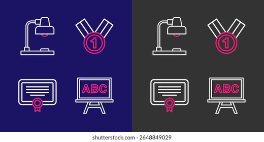 Set línea pizarra, Plantilla de certificado, medalla y lámpara de mesa icono. Vector