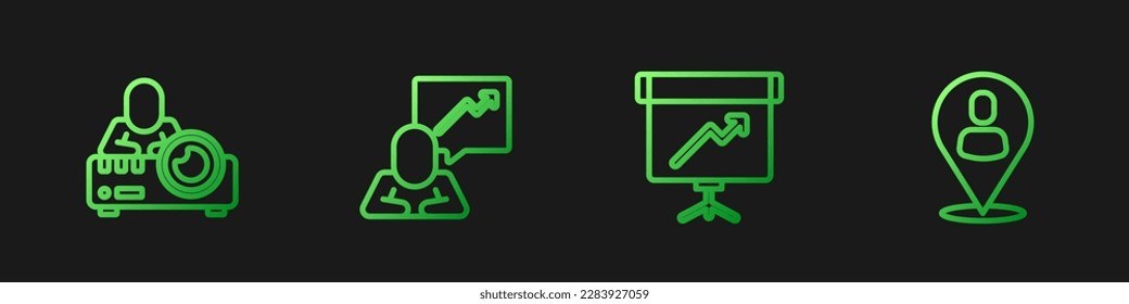 Set line Chalkboard with diagram, Media projector, Team leader and Worker location. Gradient color icons. Vector