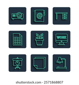 Set line Chalkboard with diagram, Post note stickers, Table lamp, Office desk, Plant in pot, File document, Movie, film, media projector and Monitor text work icon. Vector