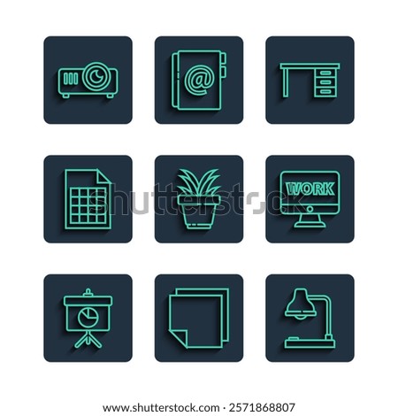 Set line Chalkboard with diagram, Post note stickers, Table lamp, Office desk, Plant in pot, File document, Movie, film, media projector and Monitor text work icon. Vector