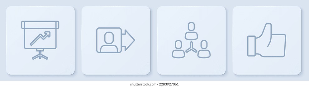 Set line Chalkboard with diagram, Project team base, Team leader and Hand like. White square button. Vector
