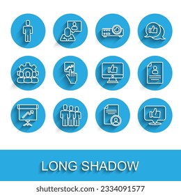 Set line Chalkboard with diagram, Users group, Head hunting, Resume, Hand like, Team leader,  and  icon. Vector