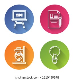 Set line Chalkboard, Exam sheet and pencil with eraser, Glass test tube flask on fire and Light bulb with concept of idea. Color circle button. Vector