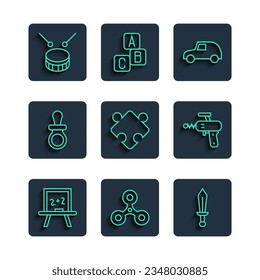 Set line Chalkboard, Fidget spinner, Sword toy, Toy car, Puzzle pieces, Baby dummy pacifier, Drum with drum sticks and Ray gun icon. Vector