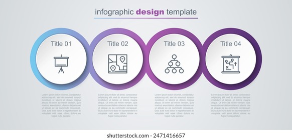 Set line Chalkboard, Folded map with location, Hierarchy organogram chart and Planning strategy concept. Business infographic template. Vector