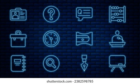Set line Chalkboard, Gives lecture, Speech bubbles with Question, Clock, Briefcase, Identification badge, Pencil sharpener and  icon. Vector