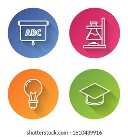 Set line Chalkboard, Glass test tube flask on fire, Light bulb with concept of idea and Graduation cap. Color circle button. Vector