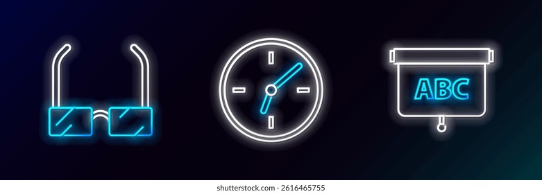 Set line Chalkboard, Glasses and Clock icon. Glowing neon. Vector